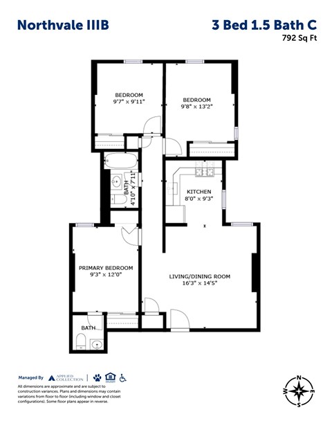 Floor plan for 3 beds, 1.5 baths, 800 sqft